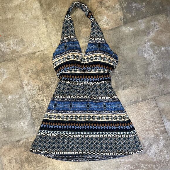 mandee y2k halter top or mini dress with blue and brown early 2000s pattern - Picture 2 of 5